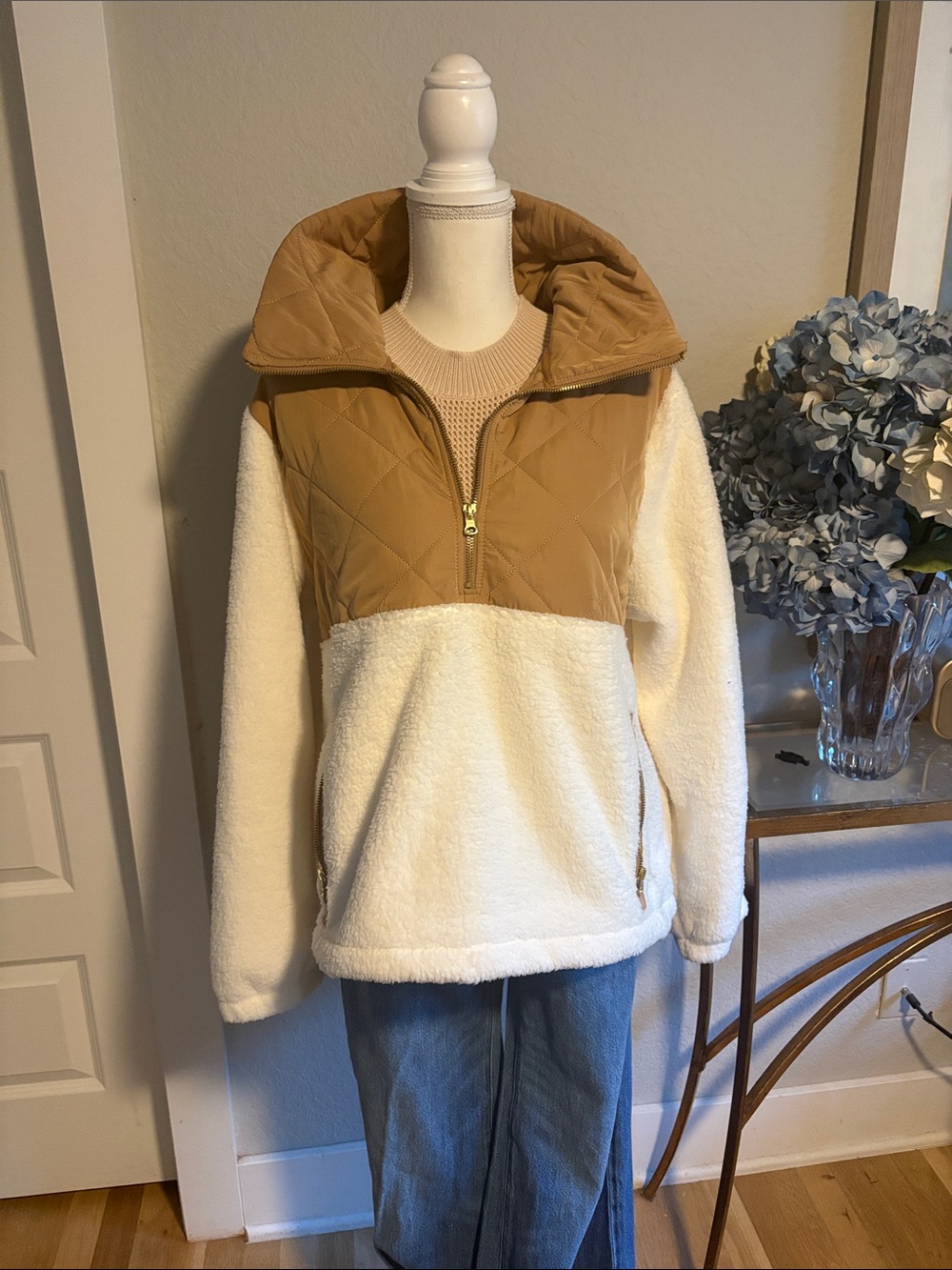 Quilted Camel and Cream Sherpa Pullover Jacket